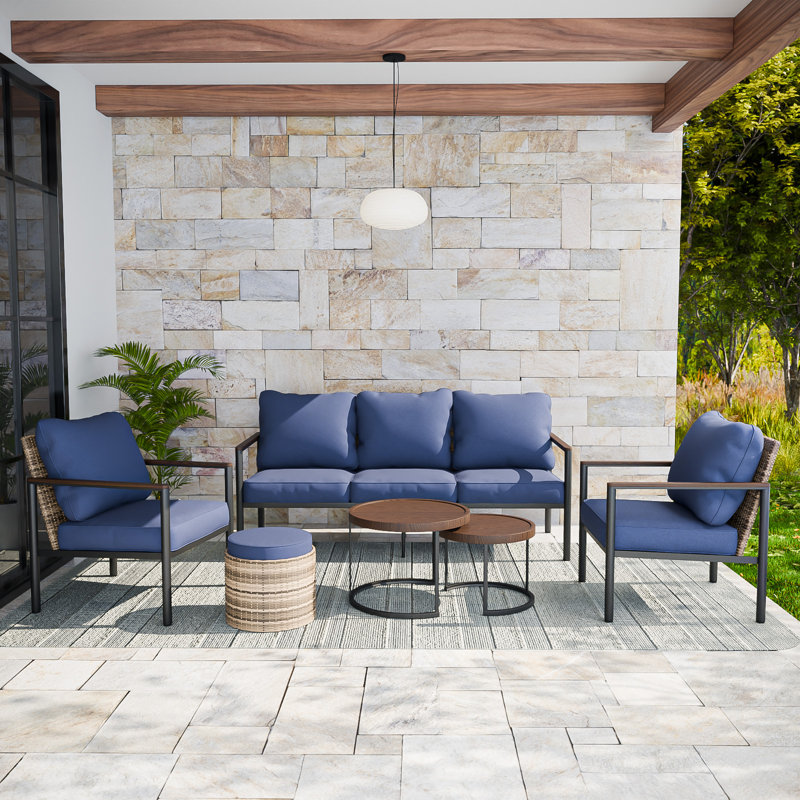 5 - Person Outdoor Seating Group with Coffe Table and Ottoman, Blue, Yes