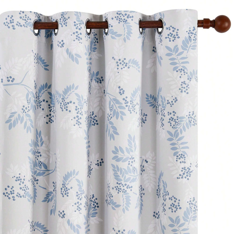 100% Blackout Noise Reducing Bouguet Pattern Printed Linen Grommets Top Curtain Panels (Set of 2), 42" W x 63" L