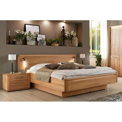 Solid Beech Wood Bedroom Set — Bed Frame with LED Reading Lights & Matching Nightstands