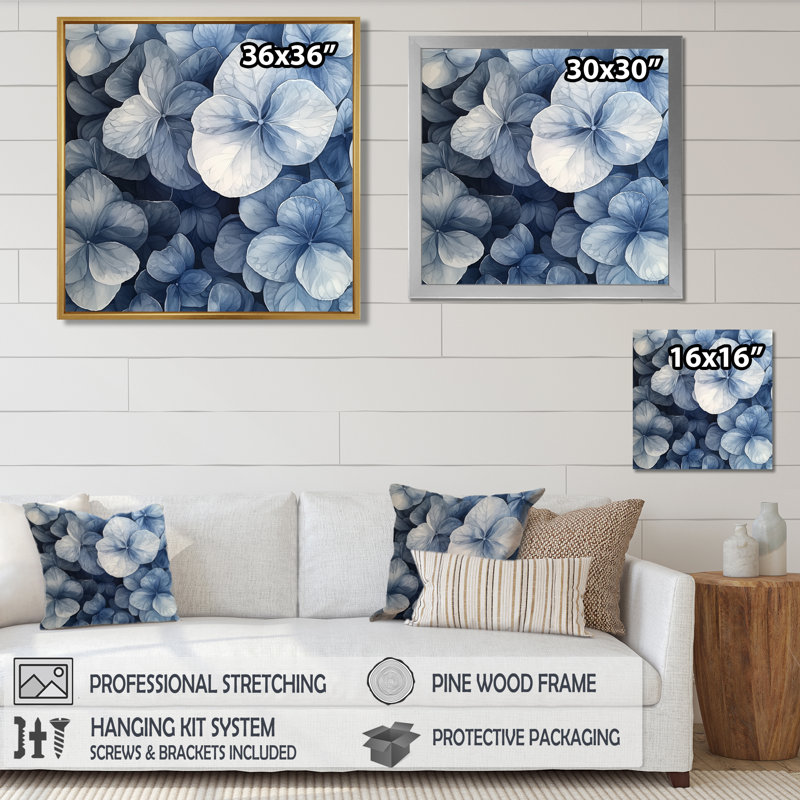 Hortensia grappe avec pétales bleus II - hydrangées, art mural, Impression encadrée flottante, Crème, crème