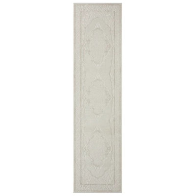 Willean Crest textured medallion area rug in ivory, soft high-low pile with matching runner sizes