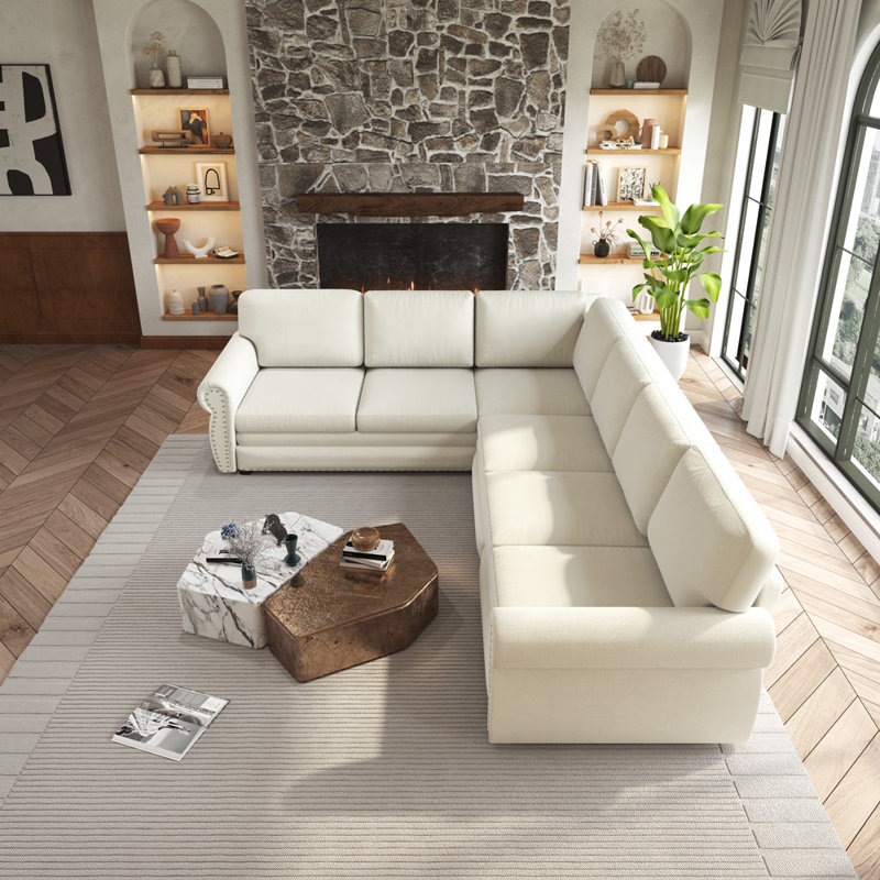 Canapé modulaire en L avec lit escamotable, Beige/White Chenille