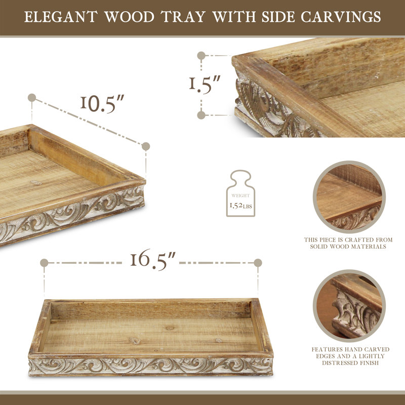 Plateau décoratif traditionnel en bois brun avec bordure sculptée 16,5 po Dahlia