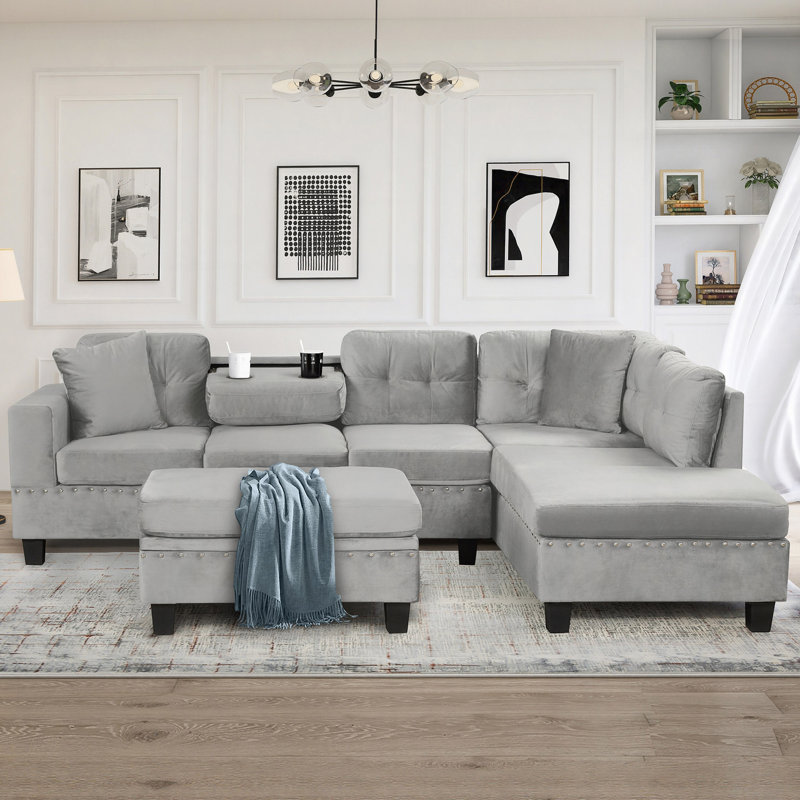 Canapé modulaire de 105 po avec repose-pieds avec rangement, canapé en L avec 2 coussins et porte-gobelets, canapé modulaire avec méridienne réversible