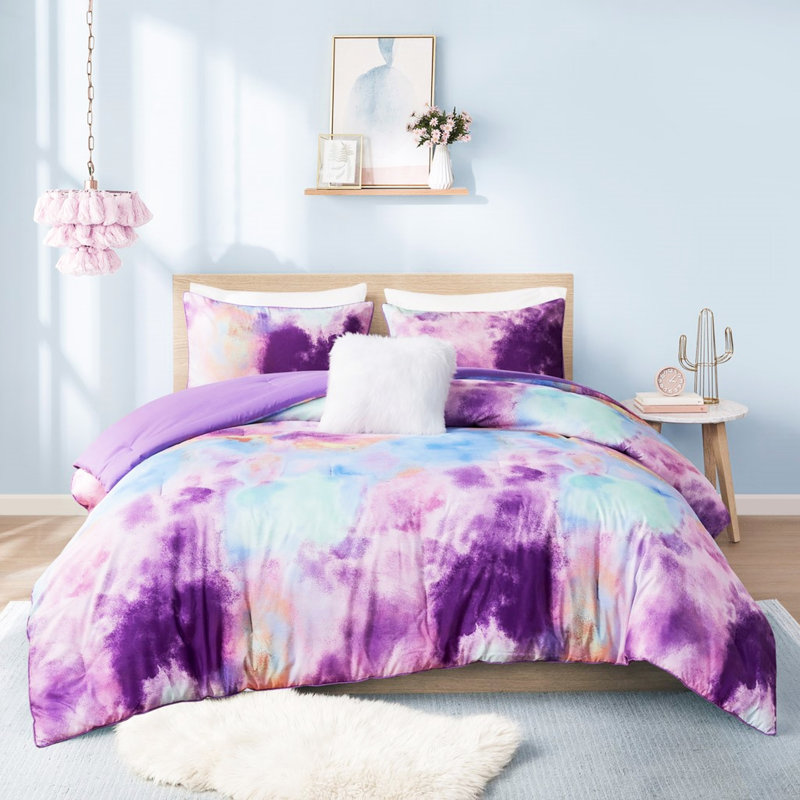 Literie double / grand teint par nouage, microfibre brossée douce, rembourrage, comprend un édredon pour lit, look de rêve coloré, lavable à la machine