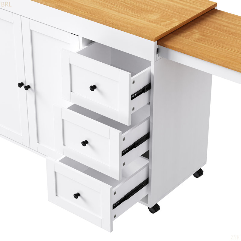 74.8" Kitchen Island With Extendable Dining Table, Kitchen Storage Cart With 3 Drawers, Power Outlet, Rolling Kitchen Island On Wheels With Spice Rack And 2 Door Cabinet, For Kitchen