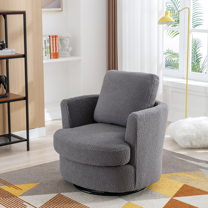 32"W Slipcovered Upholstered Swivel Barrel Chair, Gray Boucle