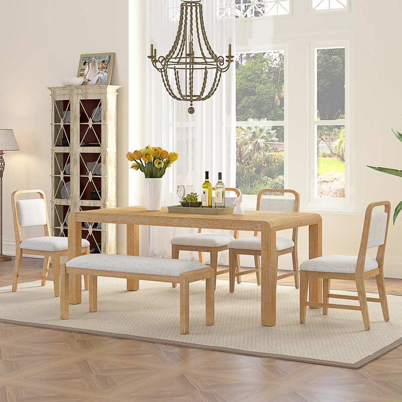 Ensemble de table de salle à manger extensible Trexm Vintage pour 4 à 6 personnes avec 4 chaises rembourrées et 1 banc