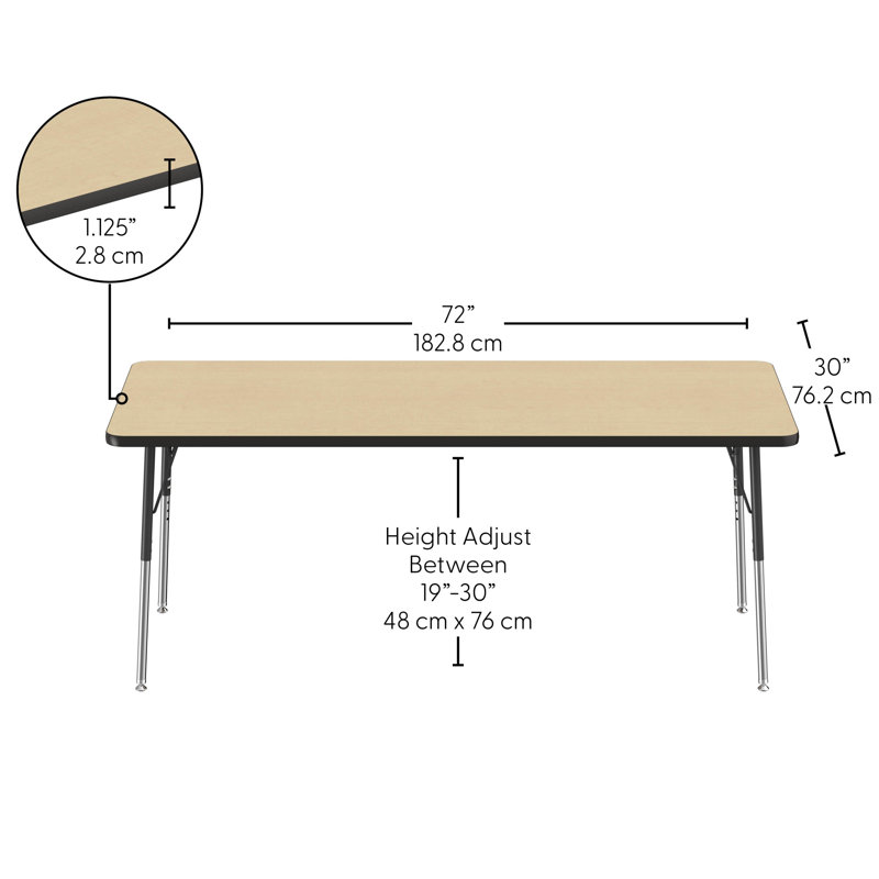 Table rectangulaire d'activité rectangulaire avec pieds réglables, Érable / noir, Roulement pivotant standard, 30" x 72"