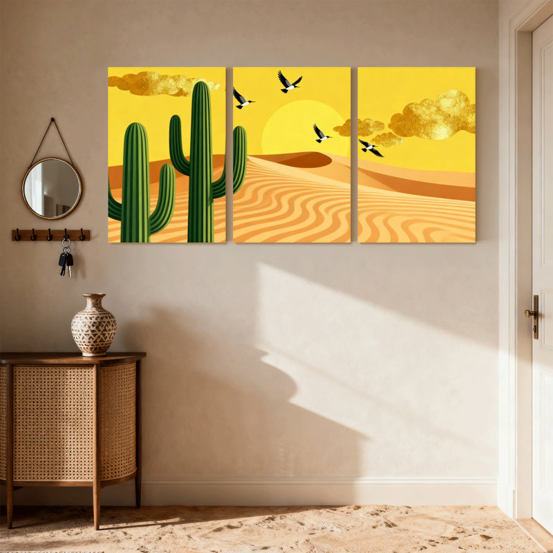 Cactus désert, cactus coucher de soleil, oiseaux, paysage, ensemble de 3 impressions sur toile, H 24 po x l 48 po