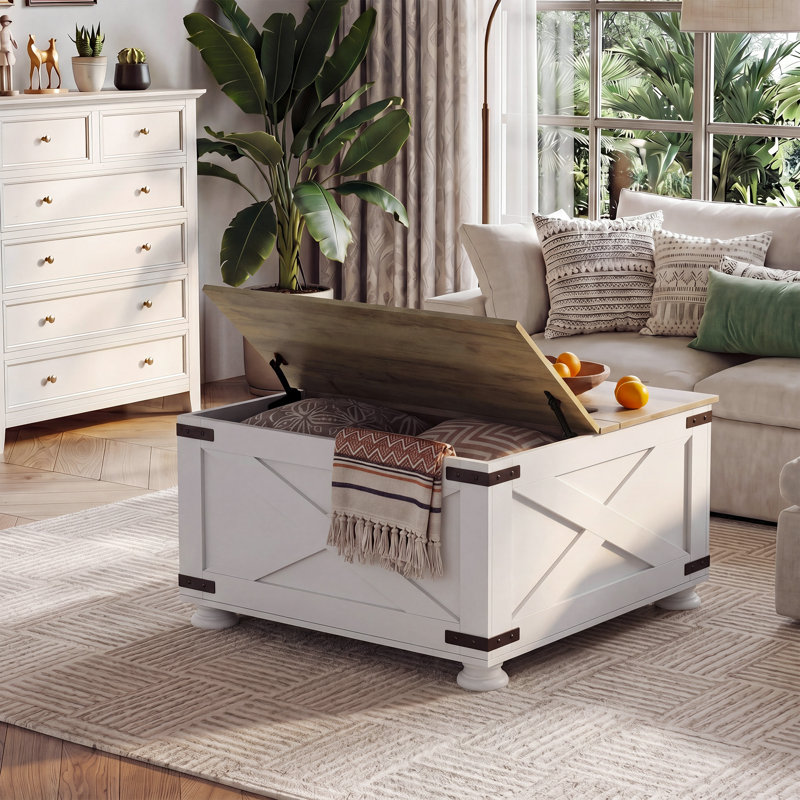 Farmhouse Coffee Table, 31.5" Square Coffee Table With Flip-Top Lids And Large Hidden Storage Compartment For Living Room