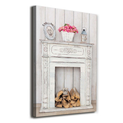 Wooden Fireplace - Wrapped Canvas Print