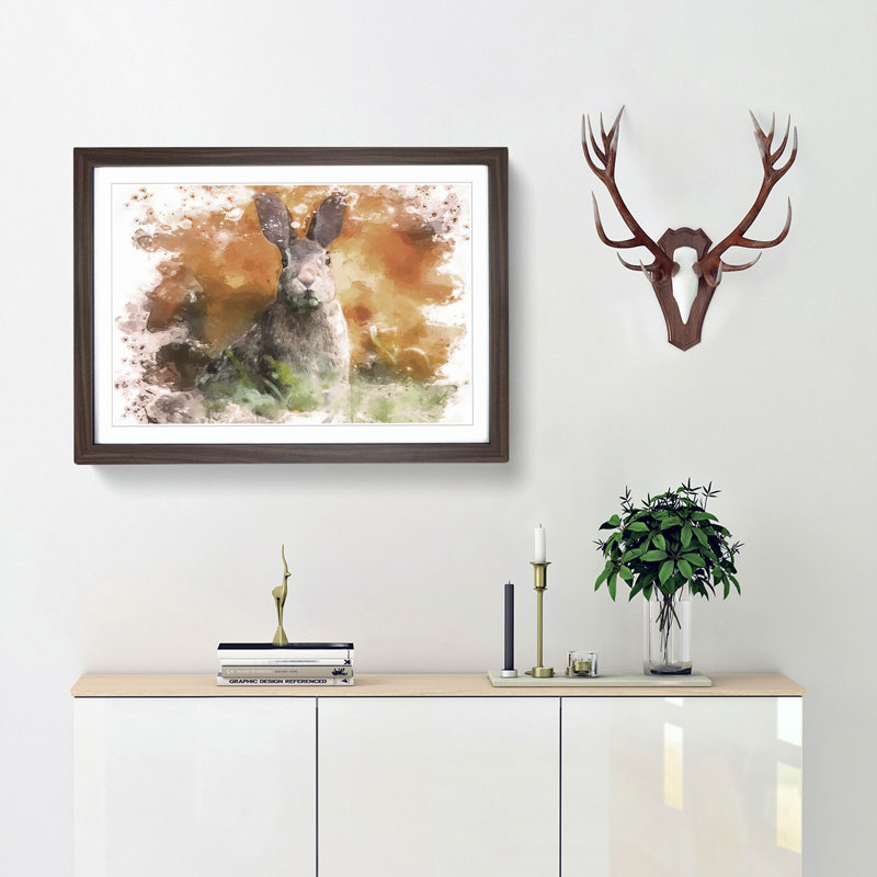 Hare in a Meadow in Abstract - Picture Frame Painting Print, 62cm H x 87cm W x 2cm D, Walnut Framed