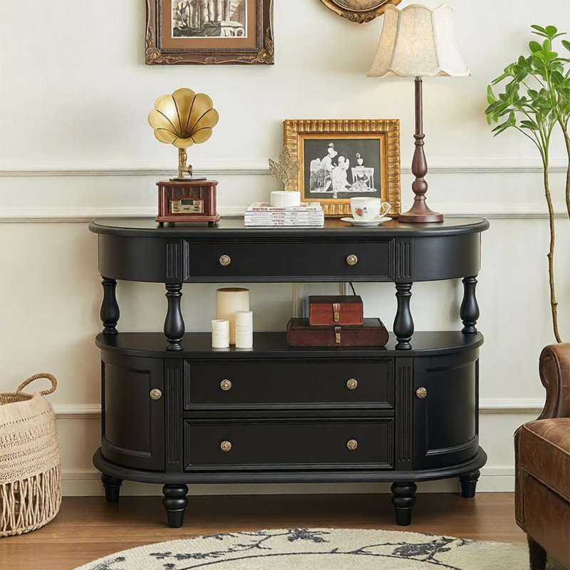 Curved Cabinet Body Metal Handle Buffet Table, Black