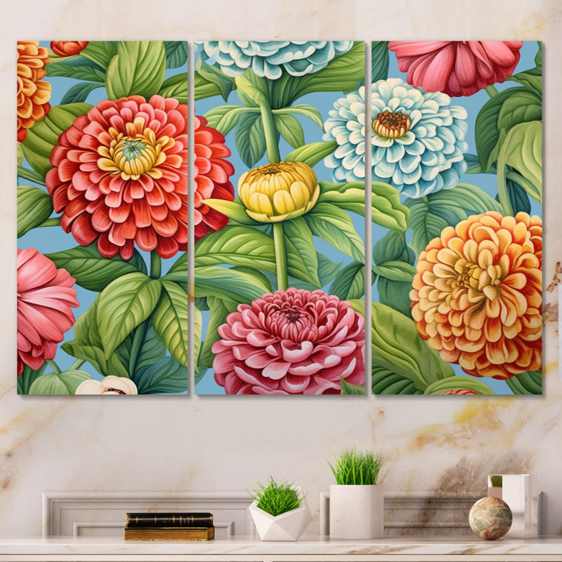 Coral Green Beautiful Florals - 3 pièces, H 28 po x l 36 po x P 1 po, Wrapped Canvas