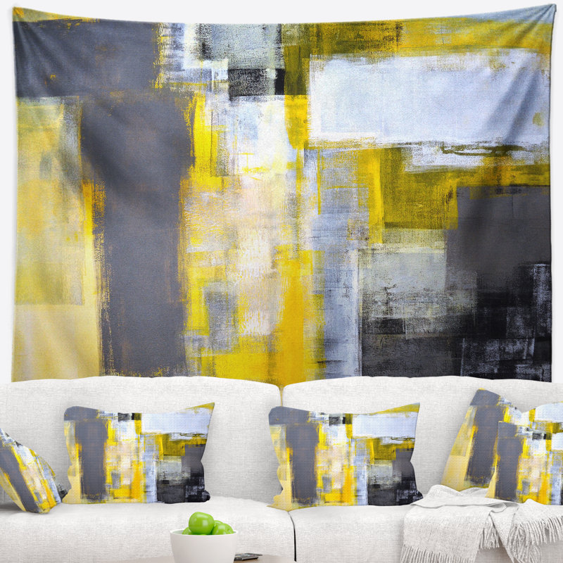 Tapisserie abstraite de flou gris et jaune, H 32 po x l 39 po