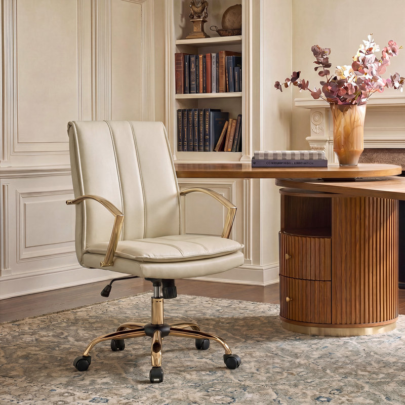 Modern 40"H Genuine Leather Swivel Tilting Office Chair with Adjustable Height, Beige