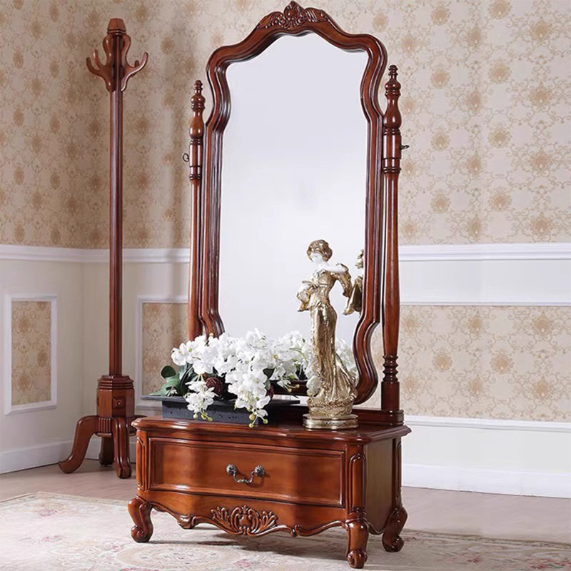 American-Style Rubberwood Frame Full-Length Mirror With Drawers