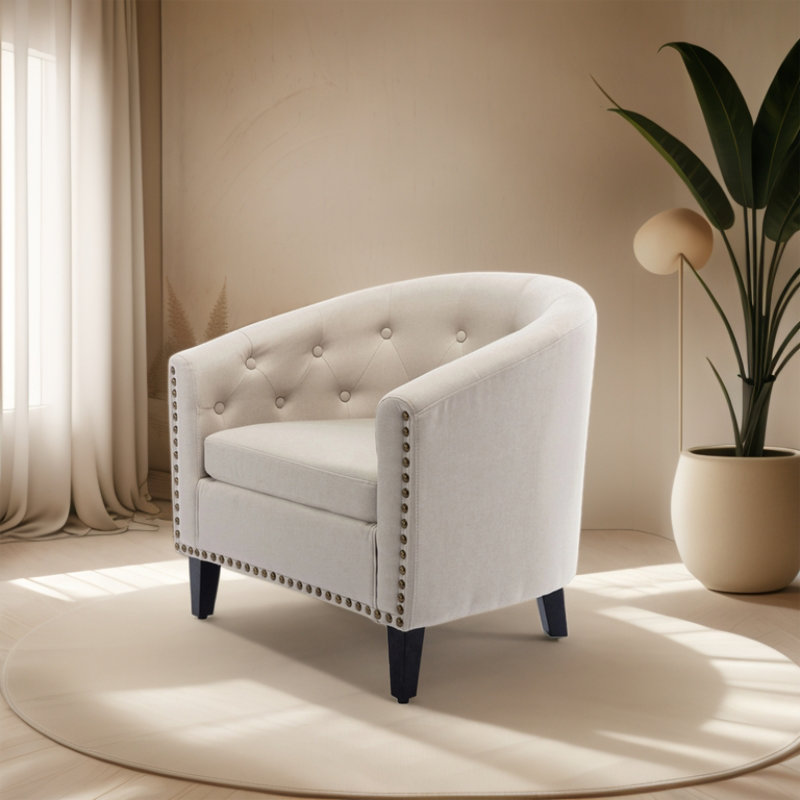Fauteuil demi-tonneau touffeté, Lin brun clair