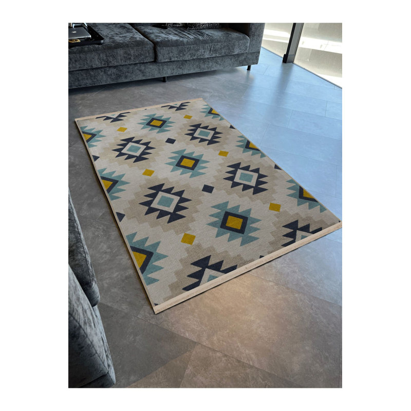 Tapis décoratif vintage beige à motif géométrique multicolore lavable à la machine, Rectangle 3 pi 11 po x 5 pi 11 po