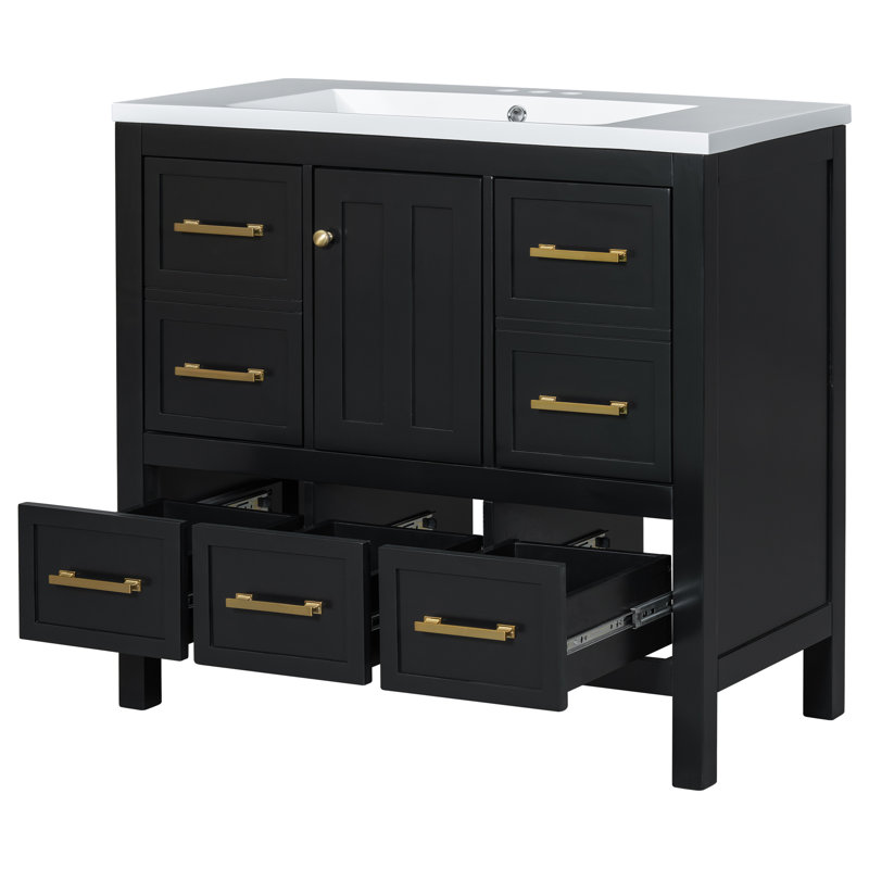  Vanity with Resin Sink, Solid Wood Cabinet with 5 Drawers and Soft Closing Doors, Freestanding Storage Set, Black