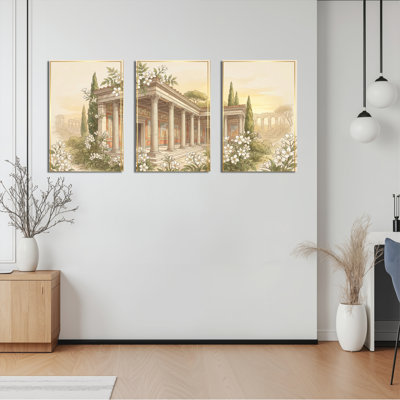 Classical Greek Temple With White Flowers And Columns Canvas Wrapped Wall Art Oil Painting Print Set Of 3