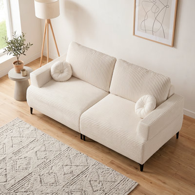 Canapé rembourré de 82,8 po en velours côtelé blanc avec siège profond et siège modulaire moderne de 3 sièges avec coussin rond pour appartement, bureau et petit espace