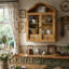 Armoire murale rétro en bois massif vieilli rustique avec plateau ondulé élégant, pour la salle à manger, la cuisine, le salon et la salle de bain-1370137290