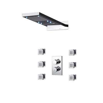 Cesena 22 Chrome Digital LED Rainfall Waterfall Shower System with 6 Body Jets Wall Mount