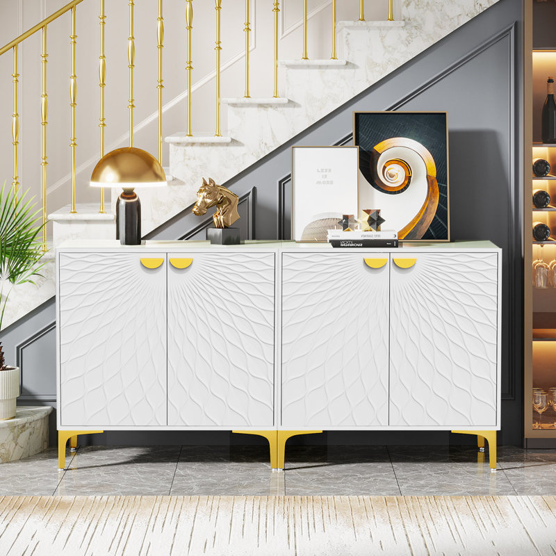 Armoire d'appoint 2 portes Tazmin, coffres décoratifs avec poignée et pieds dorés, Blanc