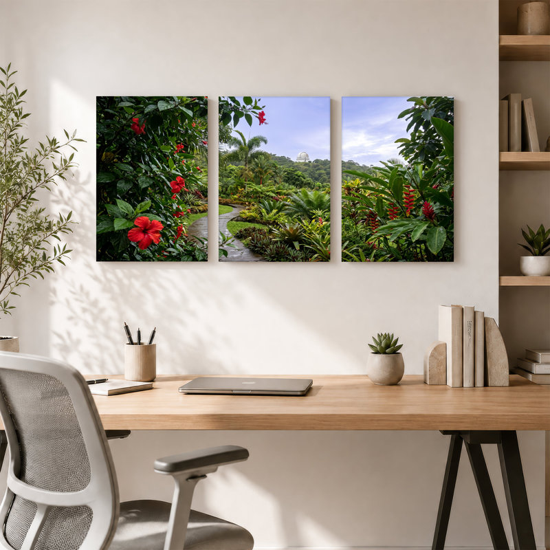 Hibiscus rouge et feuillage tropical, ensemble de 3 toiles d'art, 18"H x 12"W x 3pcs