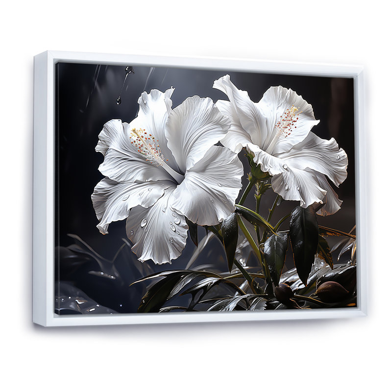 Fleurs d'hibiscus illuminées par Moonlig - salon d'art mural hibiscus, Cadre flottant blanc, H 34 po x l 44 po x P 1,5 po