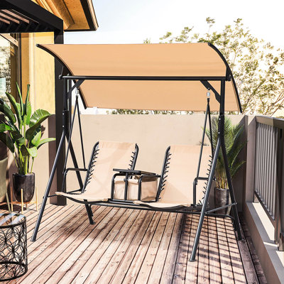 Balancelle de patio pour 2 personnes, auvent avec parasol réglable, table pivotante, porte-gobelet, siège, structure en acier, beige deux, rangement et boisson pour planeur d'extérieur