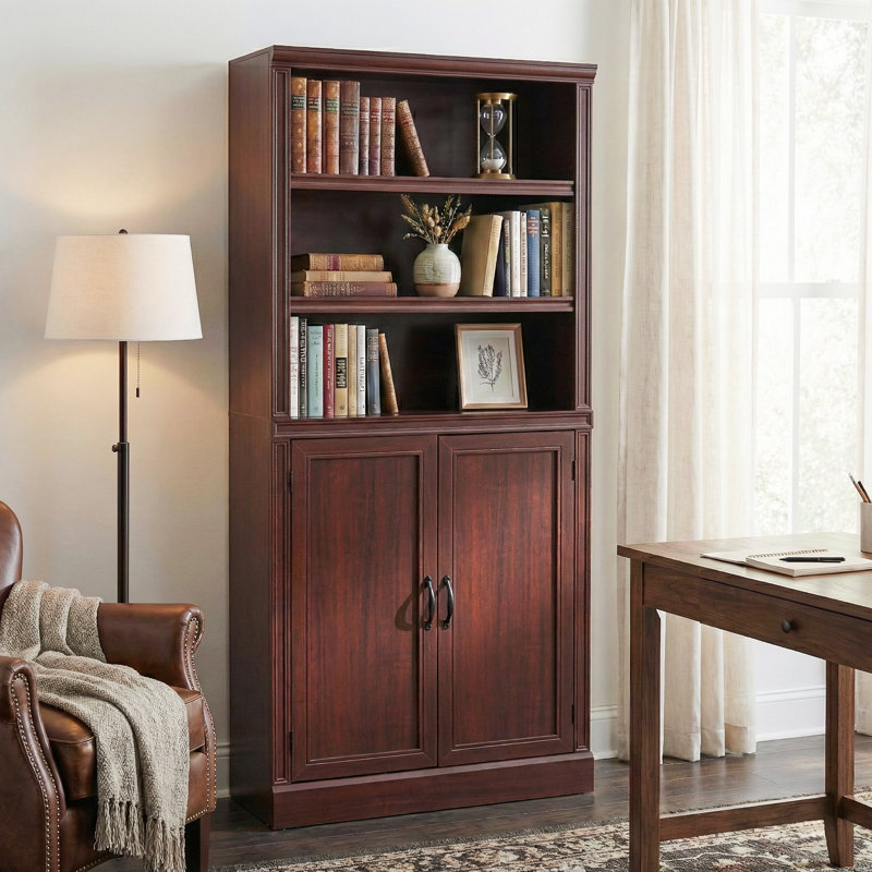Grande bibliothèque de style champêtre de 191 cm (75,2 po), tablette à 6 niveaux, étagères ouvertes avec portes, bois de cerisier