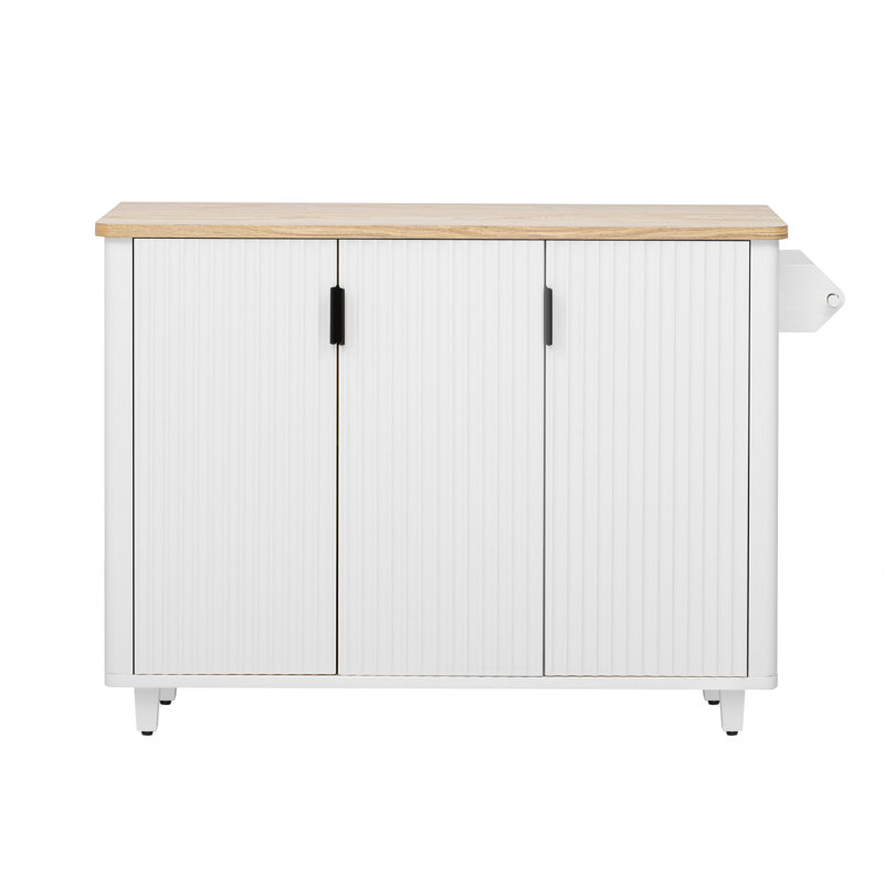 K&K 51" Fluted Kitchen Island With Drop Leaf, Farmhouse Accent Kitchen Island On Wheels With Internal Storage Rack, Rolling Kitchen Cart With Towel Rack For Kitchen, Dining Room, White Ash