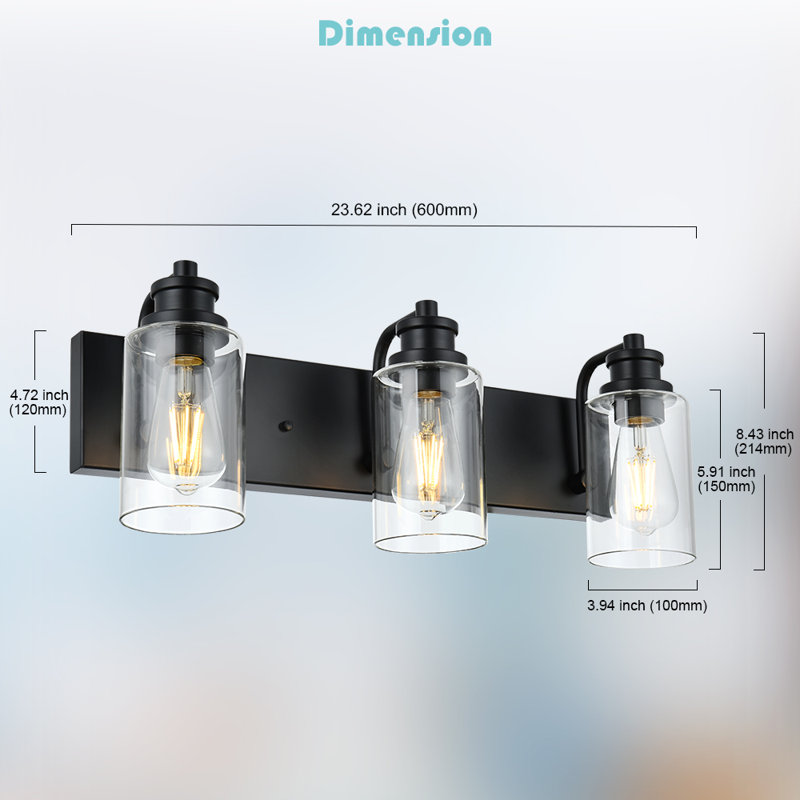 Luminaires de salle de bain noir mat, luminaires de salle de bain 3 lumières avec abat-jour en verre transparent, appliques murales pour couloir, maison de campagne, salon, cuisine