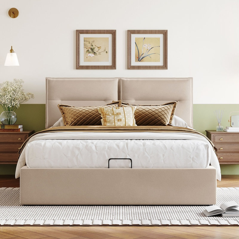 Lit plateforme à panneau de rangement tapissier, Beige, Grand