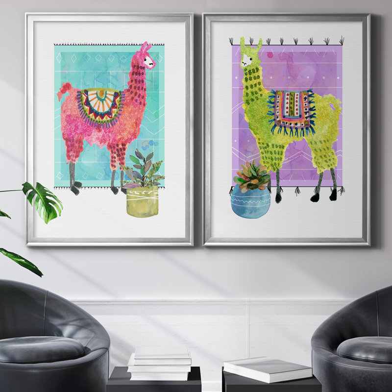 «Lovely Llama III», ensemble de 2 reproductions d'art, H 26,5 po x l 73 po x P 3 po, Toile encadrée argentée, Pas de tapis