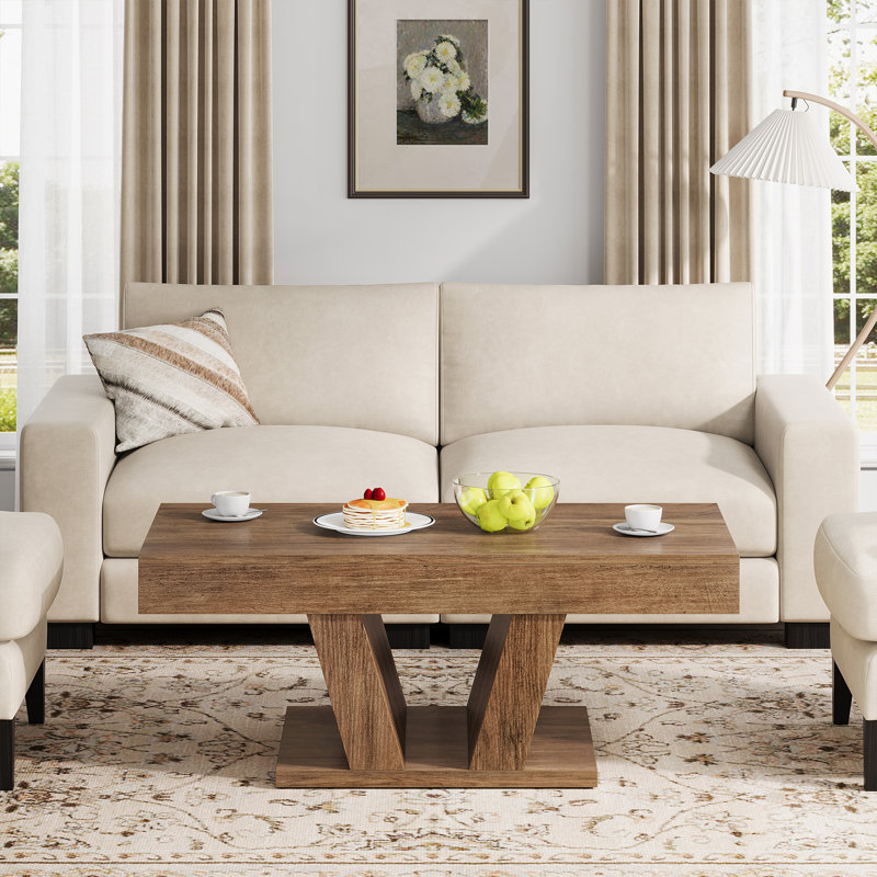 Lakeyia 43'' Coffee Table with 2 Drawers, Cocktail Center Table, Oak