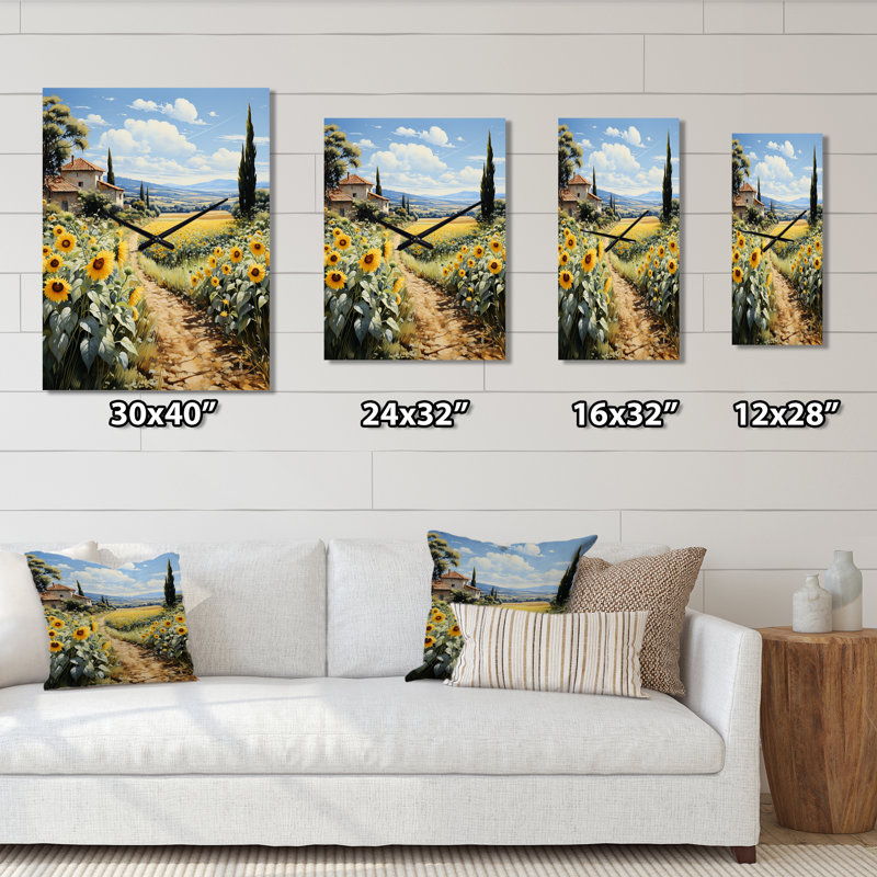 Horloge murale moderne avec champs français de tournesols en Normandie I, H 32 po x l 16 po x P 1 po