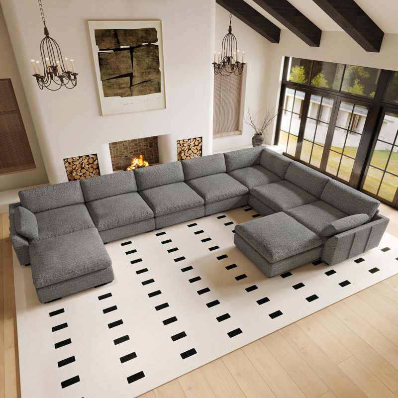 Canapé modulaire en U imperméable Lavonia Chenille avec coussins en duvet et repose-pieds doubles, Light Grey Chenille
