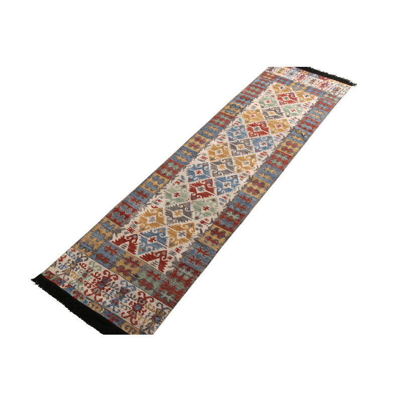Rug & Kilim’S Classic Turkish Runner In Gold And Blue Geometric Pattern, Runner 2'6" x 10'