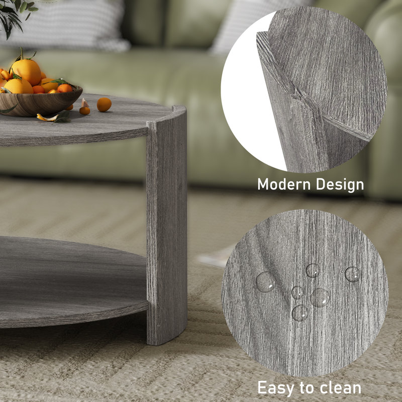 Gray Round Wooden Coffee Table with 2-Tier Storage Shelf