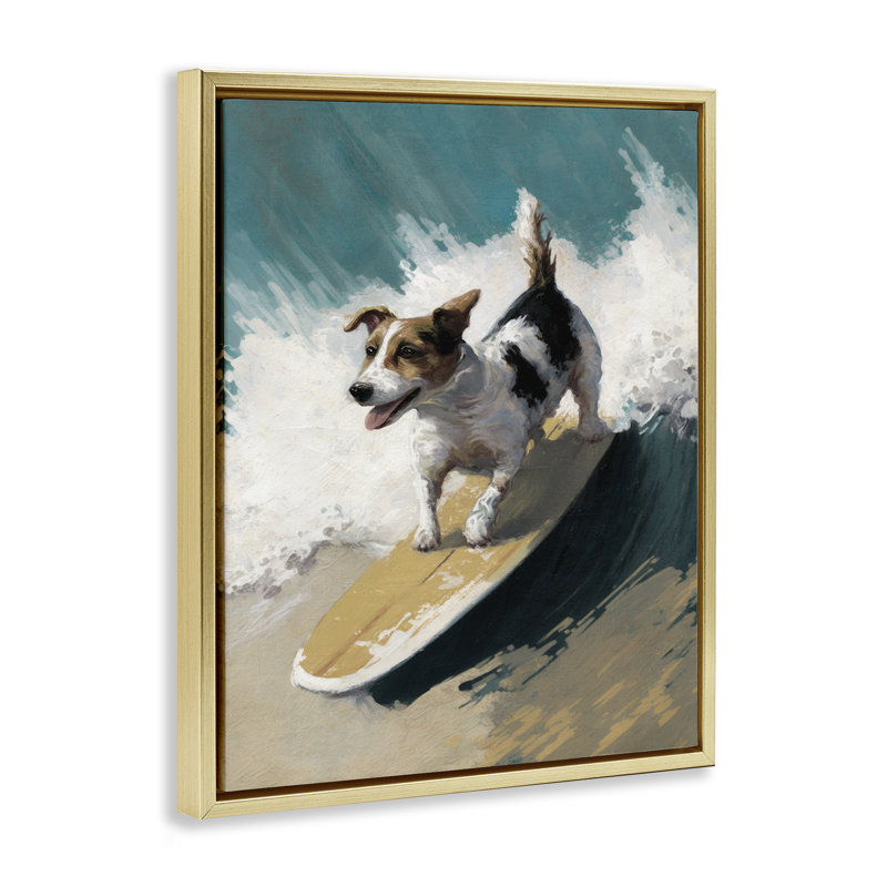 «Surfer Dog Catching Wave», art mural sur toile flottante par Svetlana Aleynikova, H 21 po x l 17 po