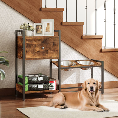 Support pour chien surélevé avec 2 bols en acier inoxydable, bol surélevé pour chien avec 3 hauteurs réglables, rangement pour nourriture pour chien avec panier à jouets et tablettes pour grand chien