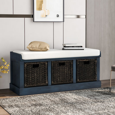 Banc rustique sans assemblage avec 3 coussins et bleu marine antique - Option d'installation rapide amovible (bleu marine antique) pour un rangement spacieux