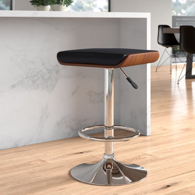 Windermere Modern Swivel Adjustable Height Backless Barstool in Chrome, Walnut wood, Faux Leather
