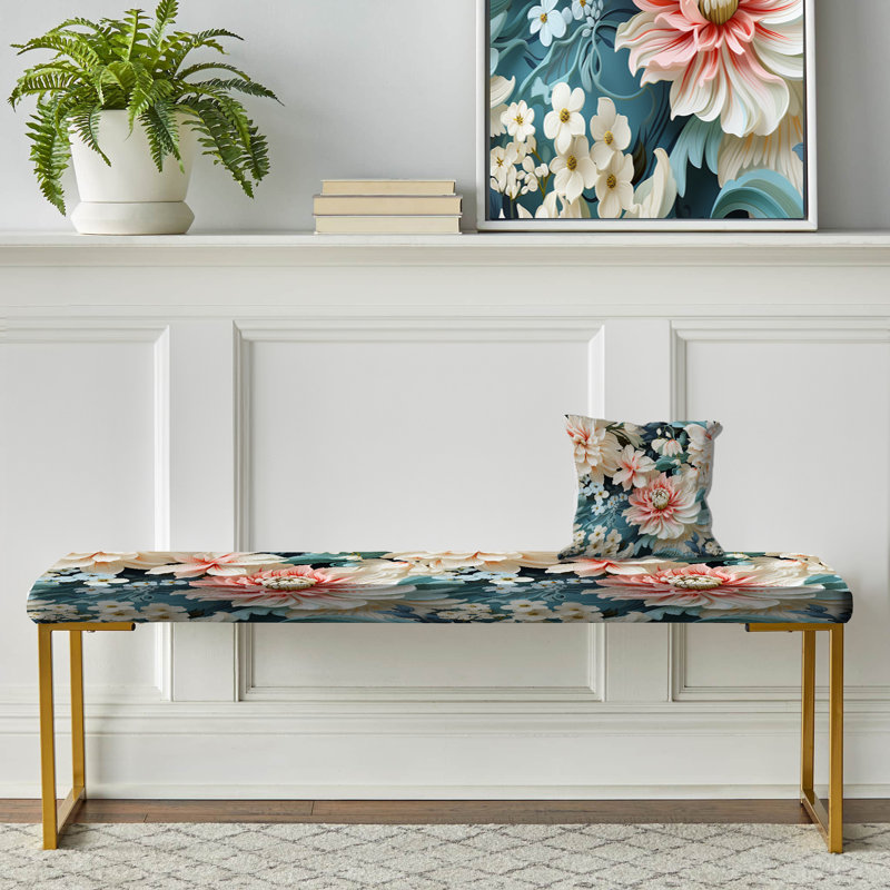 Damask Upholstered Gold Bench, Pink And White Paisley Garden Dream 