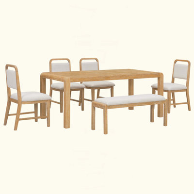 Vintage Extendable Dining Table Set for 4-6 with 4 Upholstered Chairs and 1 Bench, Rustic Wire Brushed Kitchen Table Set with Curved Design for Dining