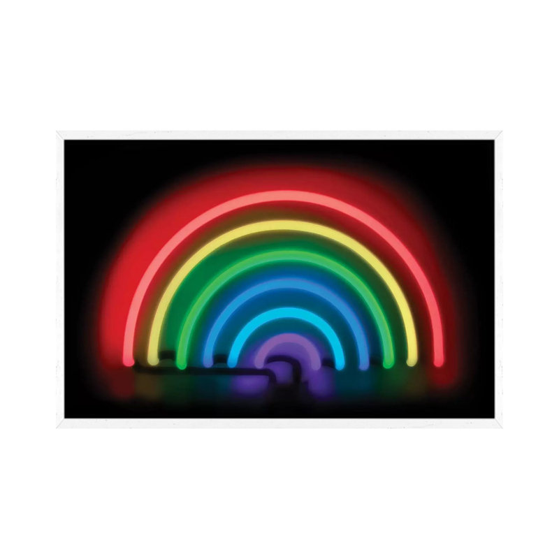 Neon Rainbow On Black by Hailey Carr - Print on Canvas, 66.04 cm H x 45.72 cm W, White Framed